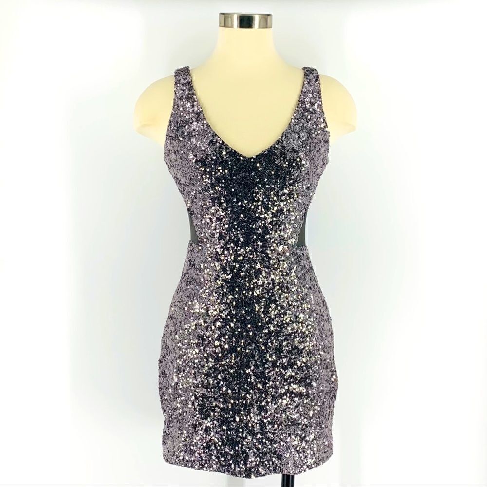 bebe Purple-Gray Sequin Mini Dress